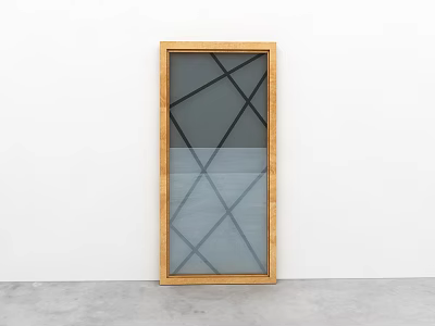 Modern Wooden Frame Room Divider With Glass Panel And Black Geometric Lines 3d model
