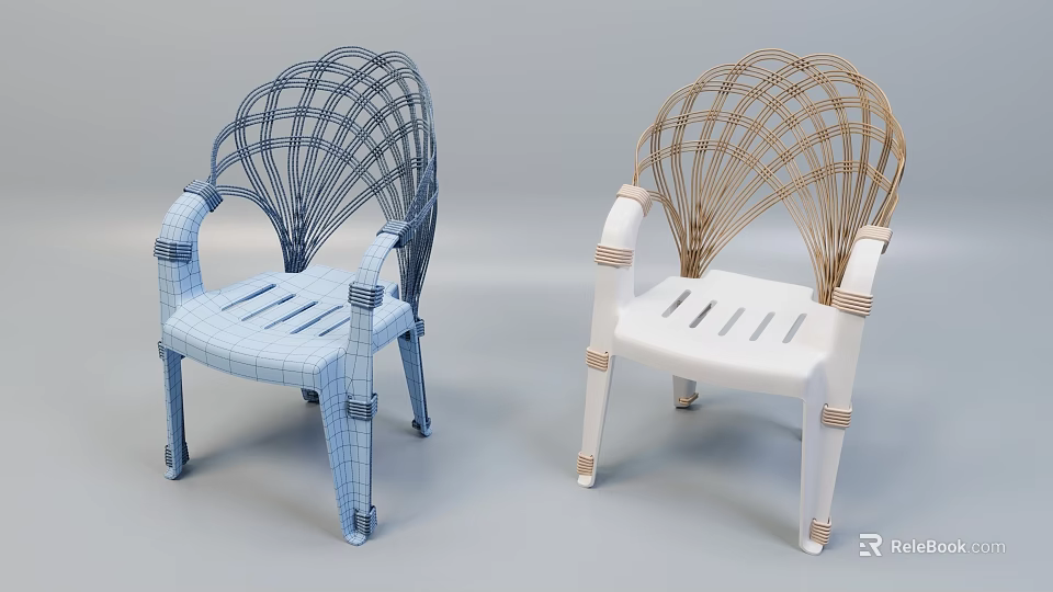 Blue And Gold Woven Armchairs With Fan Shaped Backrest And White Legs 3d model 