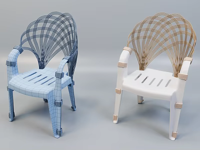 Blue And Gold Woven Armchairs With Fan Shaped Backrest And White Legs 3d model