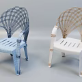 Blue And Gold Woven Armchairs With Fan Shaped Backrest And White Legs