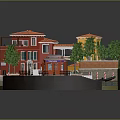 Colorful Red And Yellow Buildings In Miniature Scene With Tile Roofs Trees Pathways And Benches