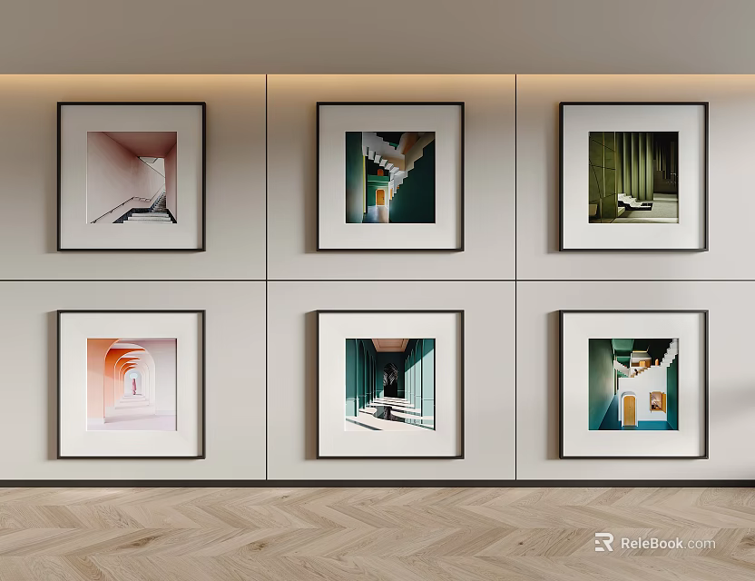 Wall Art Gallery With Six Framed Interior Scene Prints In Modern Room 3d model 