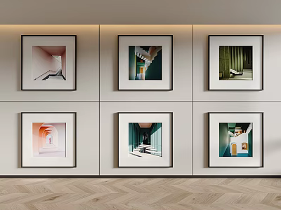 Wall Art Gallery With Six Framed Interior Scene Prints In Modern Room 3d model