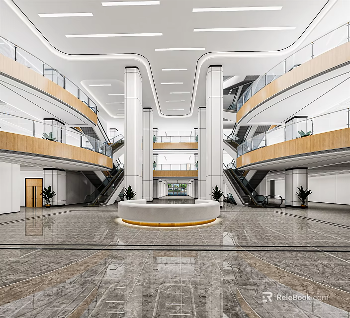 Spacious Modern Hospital Outpatient Lobby Interior Design With Multi Level Stairs And Circular Reception Desk 3d model 