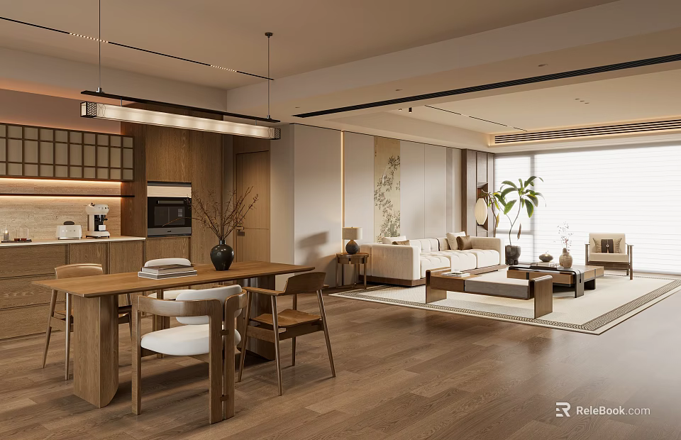 Modern Stylish Open Plan Living And Dining Room With Warm Natural Wood Interior Design 3d model 