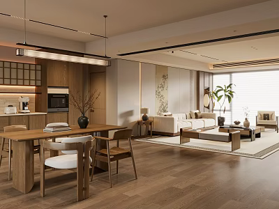 Modern Stylish Open Plan Living And Dining Room With Warm Natural Wood Interior Design 3d model