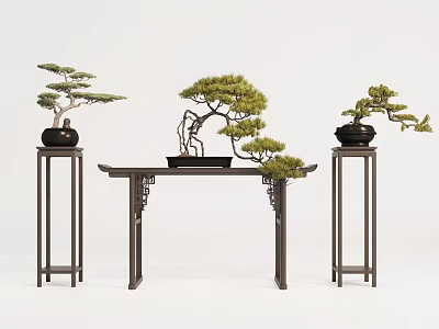 Traditional Chinese Bonsai Pine Trees on Carved Wooden Table and Pedestals with Black Pots 3d model