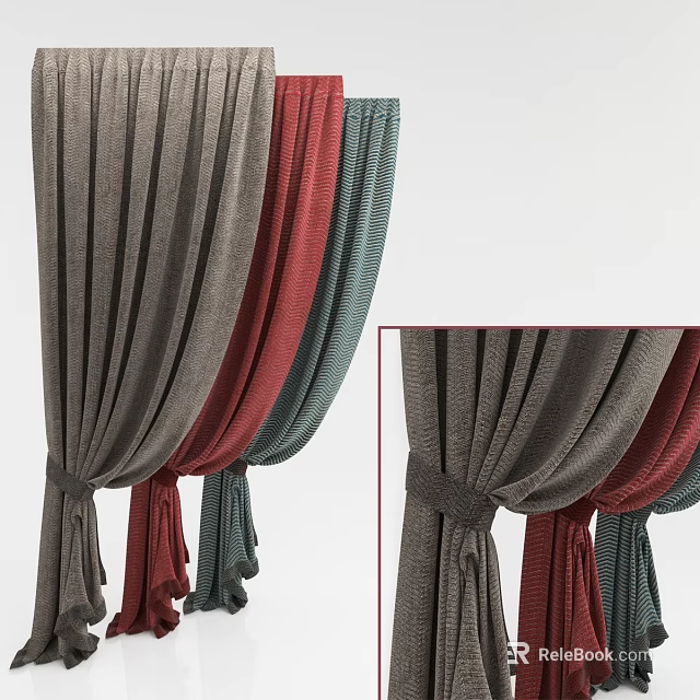 Stylish Multicolored Curtains With Tied Design Gray Red Green Tones For Interior Decor 3d model 