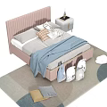 Pink Kids Bed With Striped Headboard Blue Blanket Pillows And Stuffed Toys