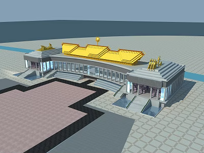 Elegant Building Design With Golden Roof Steps Plaza And Decorative Details 3d model