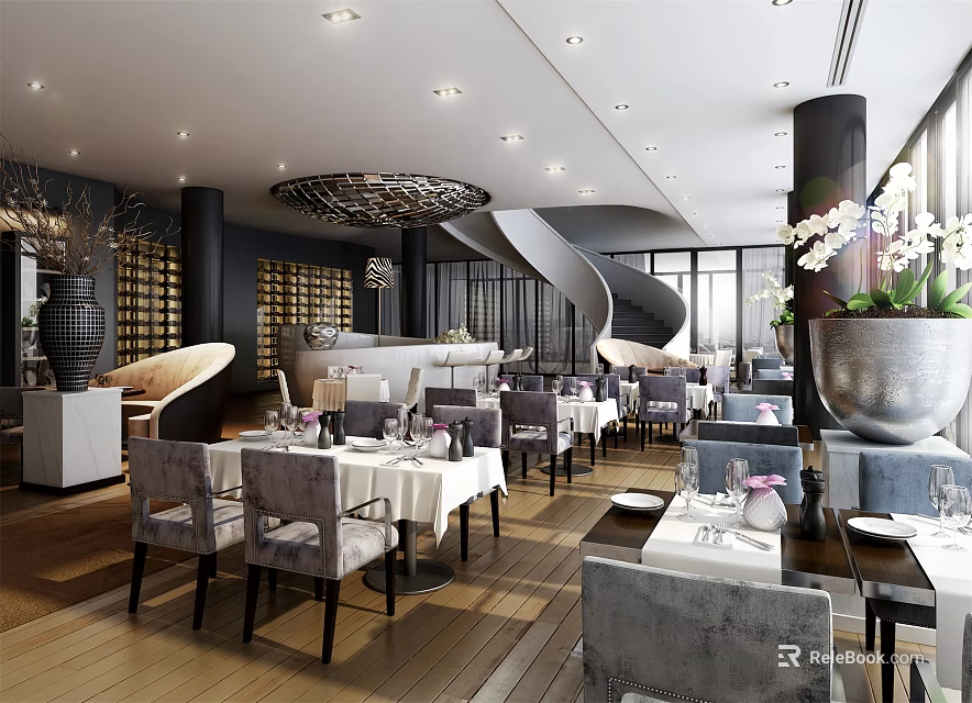 Modern Restaurant Interior With Dining Tables Gray Chairs Wine Racks Chandelier And Spiral Staircase 3d model 
