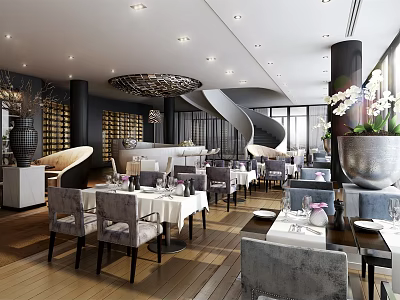 Modern Restaurant Interior With Dining Tables Gray Chairs Wine Racks Chandelier And Spiral Staircase 3d model