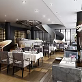 Modern Restaurant Interior With Dining Tables Gray Chairs Wine Racks Chandelier And Spiral Staircase
