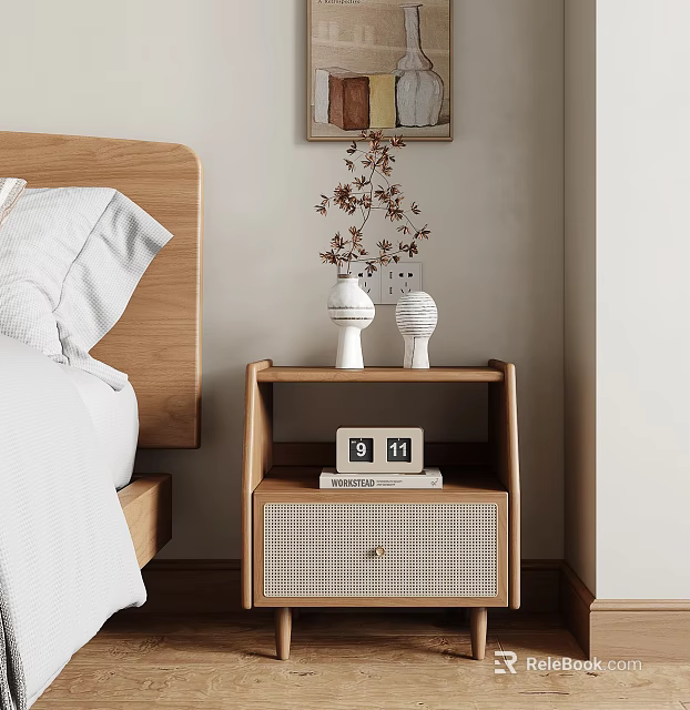 Cozy Bedroom With Wooden Nightstand Wicker Drawer Ceramic Vases And Dried Flowers 3d model 