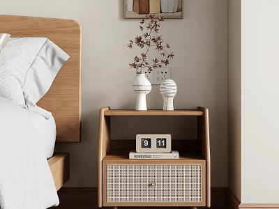 Cozy Bedroom With Wooden Nightstand Wicker Drawer Ceramic Vases And Dried Flowers 3d model
