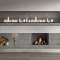 Modern Stone Fireplace With Long Linear Design Firewood Vase And Burning Flames