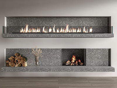 Modern Stone Fireplace With Long Linear Design Firewood Vase And Burning Flames 3d model