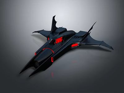 Futuristic Black Bat Shaped Flying Vehicle With Red Accent Lights And Sleek Design 3d model