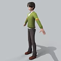 A man in green cardigan white shirt brown pants brown shoes with arms outstretched