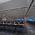 Modern Conference Room Interior With Long Tables Chairs Ceiling Lights And Windows 3d model