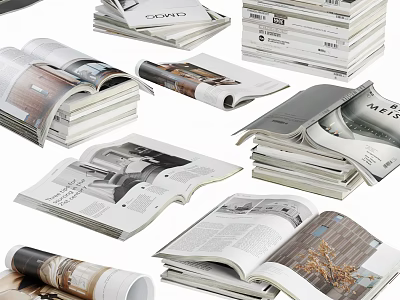 Open And Stacked Interior Design Books And Magazines With Various Themes 3d model