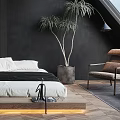 Modern Bedroom Interior with Sloped Ceiling Skylight Dark Walls Wooden Floor Palm Plant Accent Chair