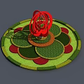 Tech Exhibition Hall Featuring Circular Platform With Green Red Design And Central Red Spiral Structure