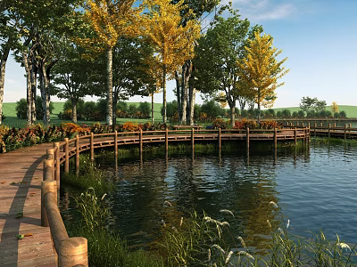 Scenic Wooden Boardwalk Along Calm Lake With Yellow Leaf Trees And Green Grass 3d model