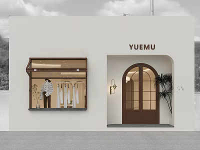 YUEMU Clothing Store White Building Exterior With Arched Doorway And Display Window 3d model