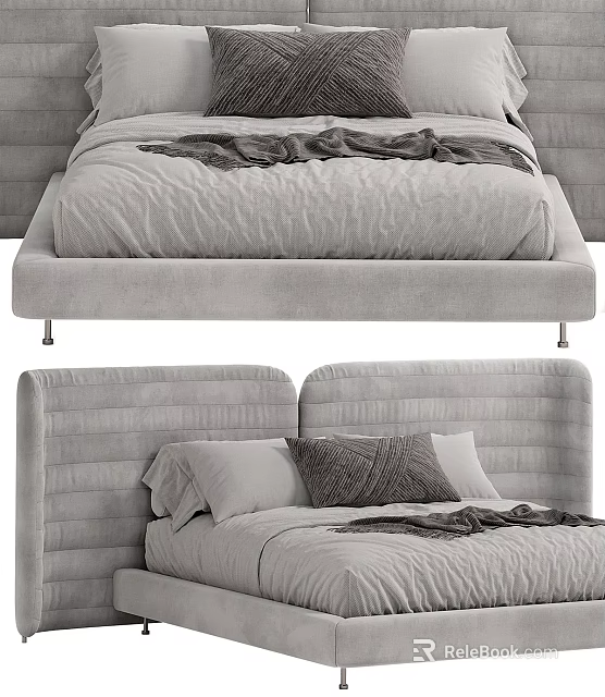 Gray Velvet Upholstered Double Bed With Tufted Headboard And Plush Pillows Soft Blanket 3d model 