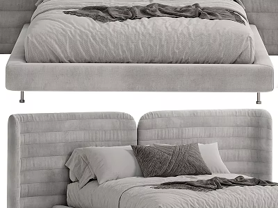 Gray Velvet Upholstered Double Bed With Tufted Headboard And Plush Pillows Soft Blanket 3d model