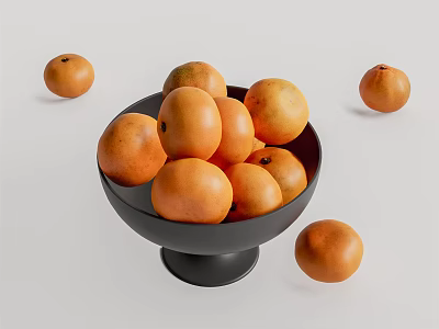 Ceramic Bowl Filled With Fresh Orange Fruits And Scattered Around On Light Background 3d model