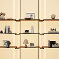 Modern Decorative Ornaments and Figurines Set on Glass Shelf with Sculptures Books and Lamps
