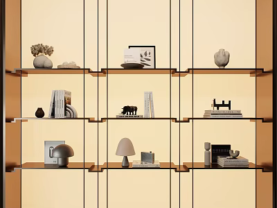 Modern Decorative Ornaments and Figurines Set on Glass Shelf with Sculptures Books and Lamps 3d model