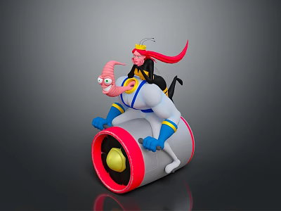 Strong Pink Cartoon Character Riding Red And White Cylindrical Object With Red Haired Companion 3d model