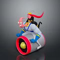 Strong Pink Cartoon Character Riding Red And White Cylindrical Object With Red Haired Companion