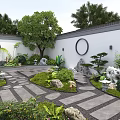 Traditional Chinese Courtyard Garden With White Walls Circular Moon Gate Stone Path And Lush Greenery