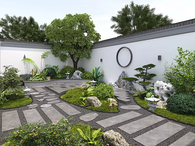 Traditional Chinese Courtyard Garden With White Walls Circular Moon Gate Stone Path And Lush Greenery 3d model