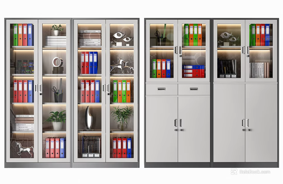 Stylish Bookcases With Glass Doors Multiple Shelves Folders Books And Decorative Plants 3d model 