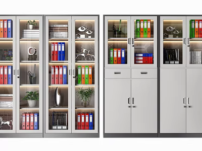 Stylish Bookcases With Glass Doors Multiple Shelves Folders Books And Decorative Plants 3d model