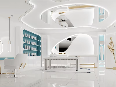 Modern Beauty Salon Interior With Styling Chairs Mirrors And Blue Product Shelves 3d model