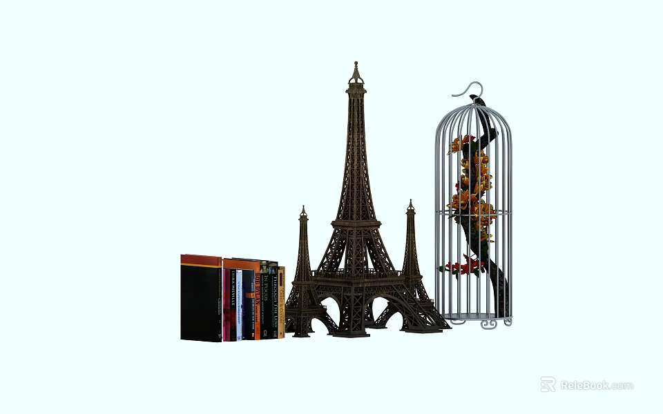 Eiffel Tower Model Birdcage Decor And Book Stack Ornament Combination Set 3d model