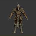 Fantasy Warrior Character In Ornate White And Brown Armor With Golden Accents And Green Gemstones