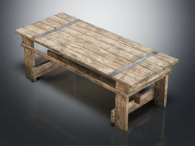Rustic Wooden Table With Planked Top And Metal Straps On Sturdy Legs 3d model