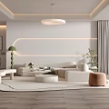 Minimalist Living Room Interior Design With Round Pendant Light Beige Sofa And Wooden Flooring