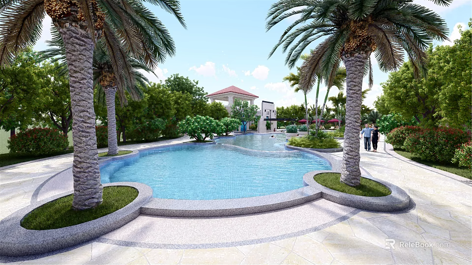 Tropical Swimming Pool Area With Palm Trees Lush Greenery And Red Roof Building 3d model 