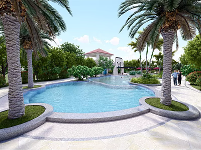 Tropical Swimming Pool Area With Palm Trees Lush Greenery And Red Roof Building 3d model