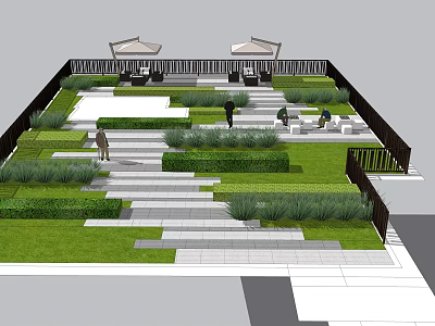 Residential Landscape Design With Well Maintained Lawn Trimmed Hedges Stone Pathways And Shaded Seating Areas 3d model