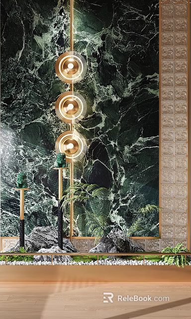 Luxurious Green Marble Feature Wall With Gold Circular Lighting And Green Plants 3d model 