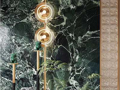 Luxurious Green Marble Feature Wall With Gold Circular Lighting And Green Plants 3d model
